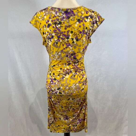 Beautiful yellow and purple abstract print keyhole ruched stretch dress medium - Picture 5 of 8